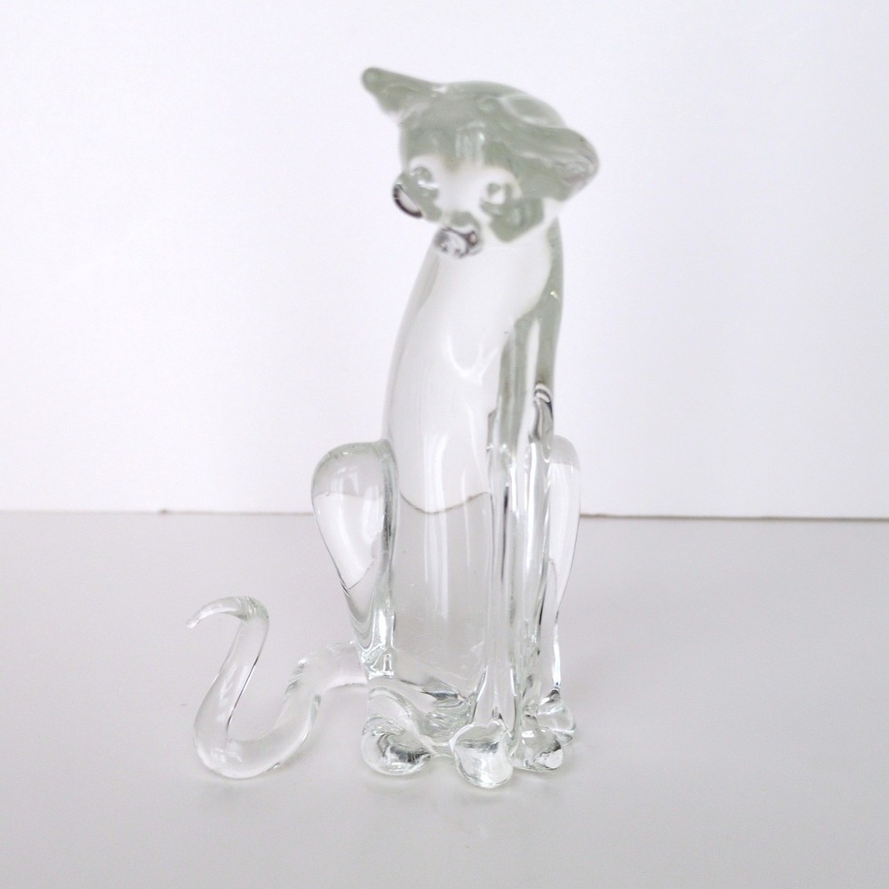 Vtg Murano Style Art Glass Cat Figurine Clear Hand Blown Minimalist MCM Thinking